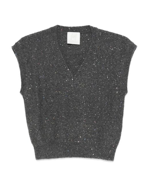Marella Sequin-embellished V-neck Knitted Top Gray