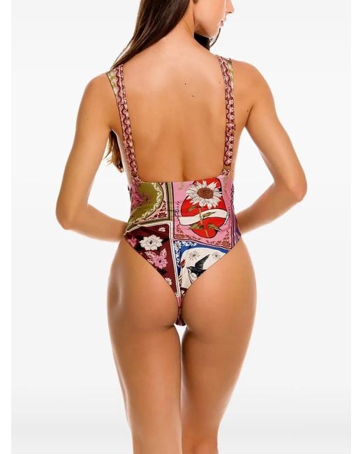 Agua Bendita Red V-Neck Patchwork-Print Belted Swimsuit