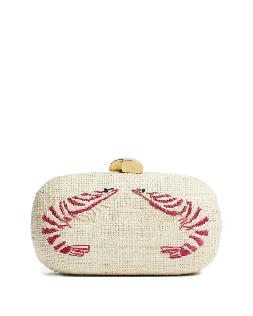 PAMELA MUNSON Pink Shrimp Cocktail Embroidered Raffia Clutch
