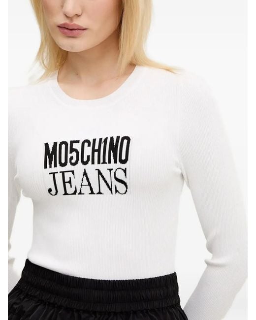 Moschino White Logo-Embroidered Ribbed Knit Top