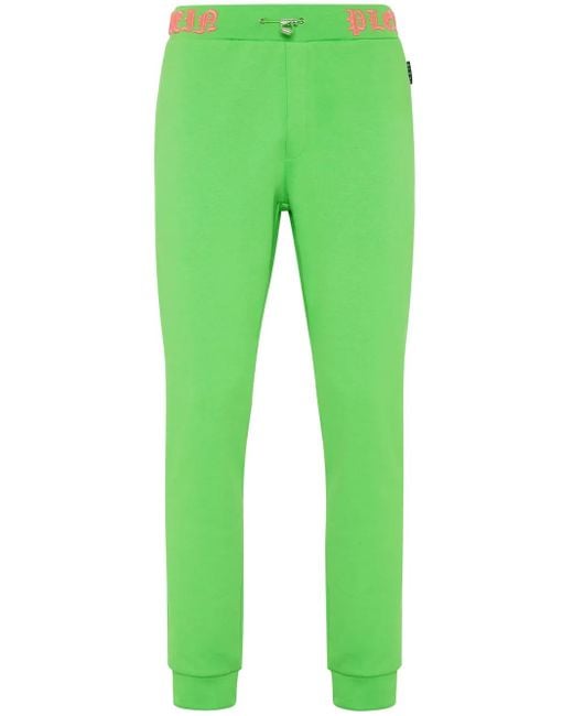 Philipp Plein Green Skull And Bones Logo-Waistband Track Pants for men