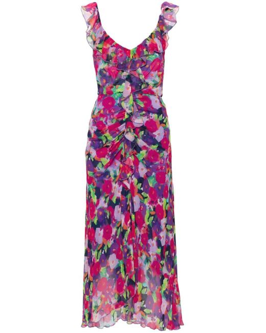 Nissa Purple Floral-print Midi Dress