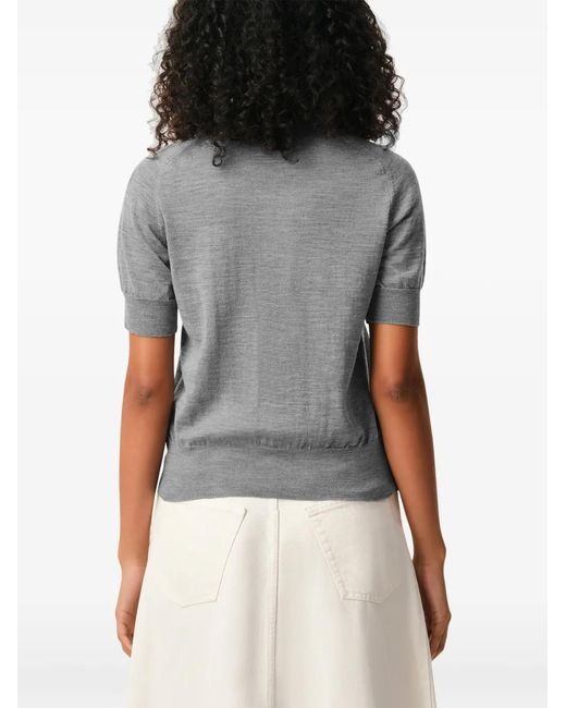 AMI Gray Embroidered Heart Round Collar Short Sleeve Sweater