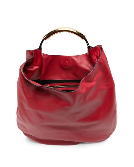 Moschino Red Handle Me Logo-Plaque Leather Tote Bag