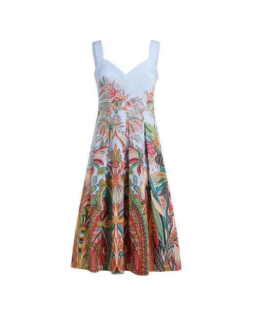Etro White Paisley-Print Pleated Midi Dress