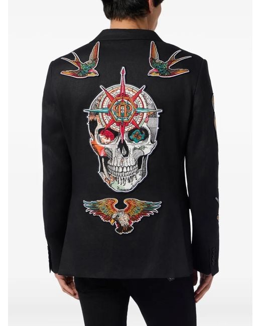 Philipp Plein Black Gigolo Fit Blazer Tattoo Embroidery for men