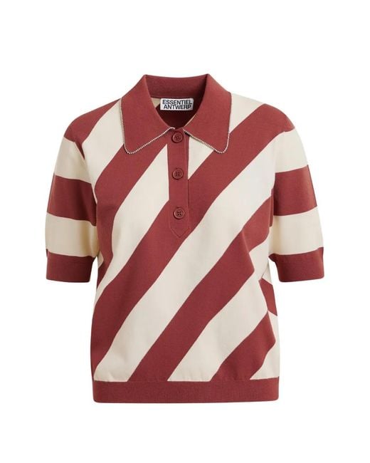 Essentiel Antwerp Red Joram Striped Embellished-Collar Polo Shirt