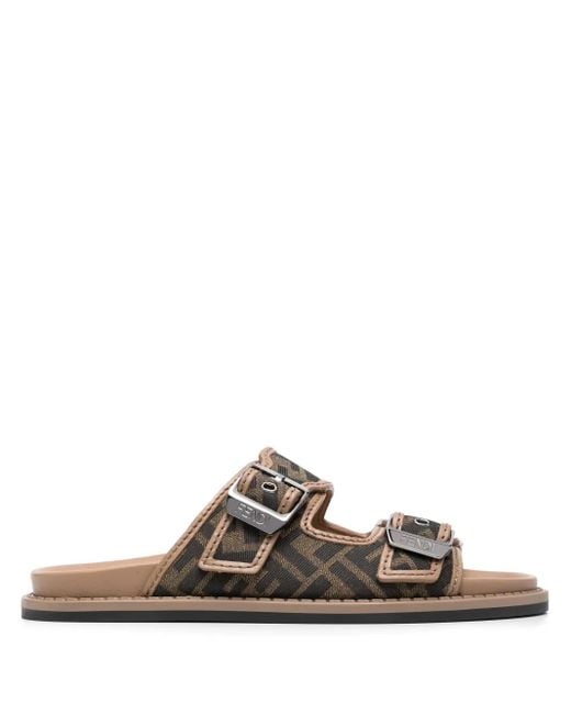 Fendi Flache Feel Sandalen Aus Leder Und Stoff Mit Ff-Monogramm Und Doppelriemen in Brown für Herren