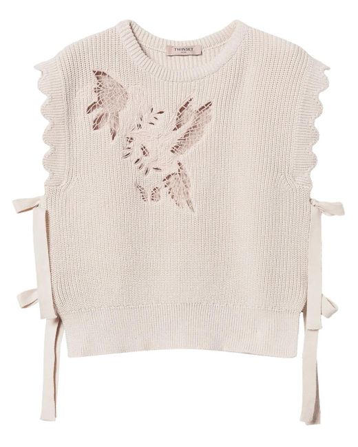 Twinset Natural Embroidered Lace-Detail Top
