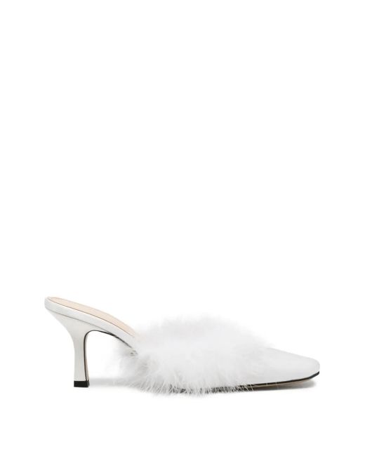 Mach & Mach White Carolyn B Feather-Trim Square-Toe Mules