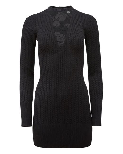 Fleur du Mal Black Quinn Cable-Knit Lace-Insert Dress