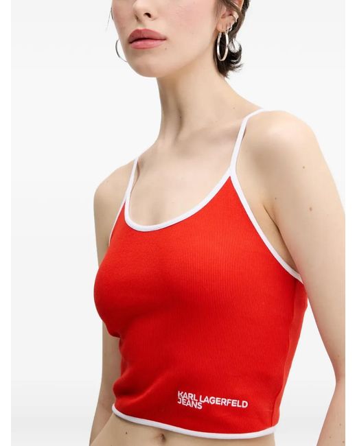 Karl Lagerfeld Red Contrasting-Trim Lace-Up Crop Top