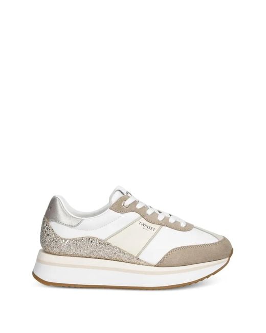 Twinset White Glitter-Embellished Platform Sneakers