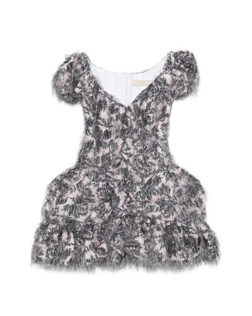 Chopova Lowena Gray Bernardette V-Neck Ruffled Mini Dress