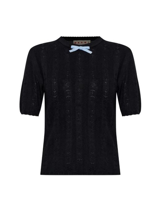 Marni Black Bow-Detail Knitted Wool T-Shirt
