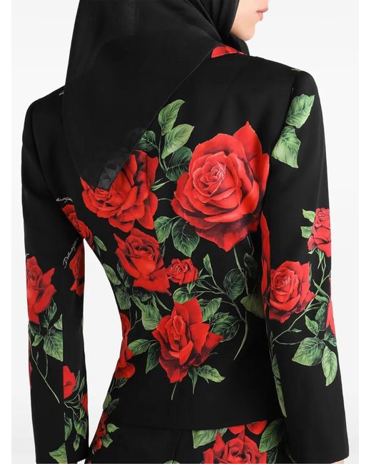 Dolce & Gabbana Red Rose-Print Charmeuse Single-Breasted Jacket