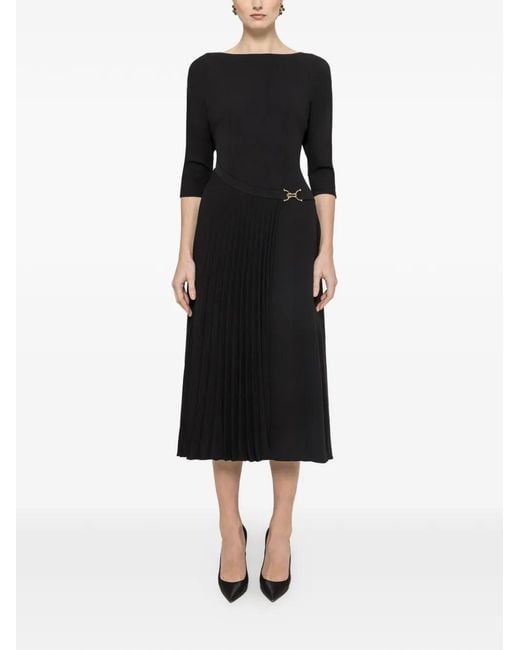 Nissa Black Pleat-Detail Midi Dress