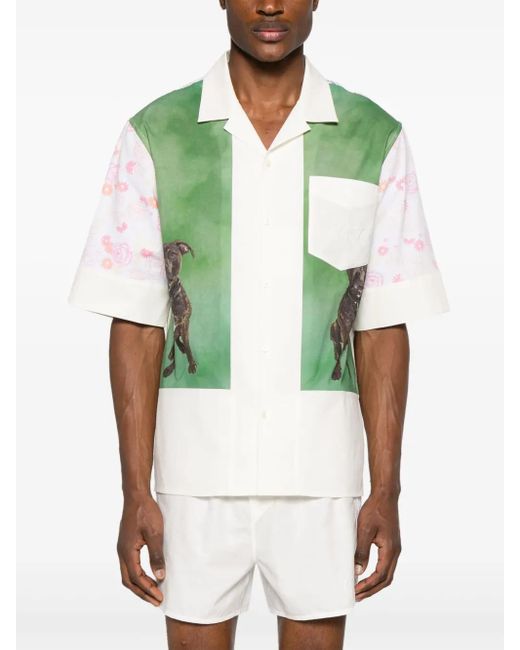 MARINE SERRE Green Calendar-Print Panelled Shirt