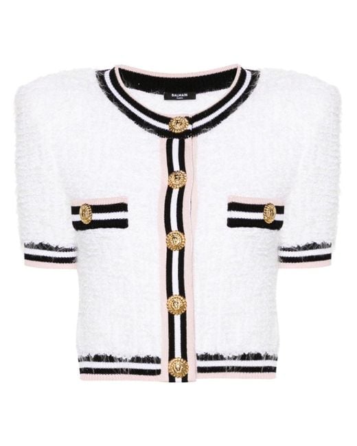 Cardigan en tweed à motif monogrammé Balmain en coloris White