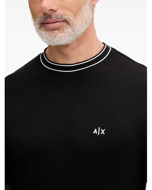 ARMANI EXCHANGE Black Tipped-Trim Logo-Embroidered T-Shirt for men