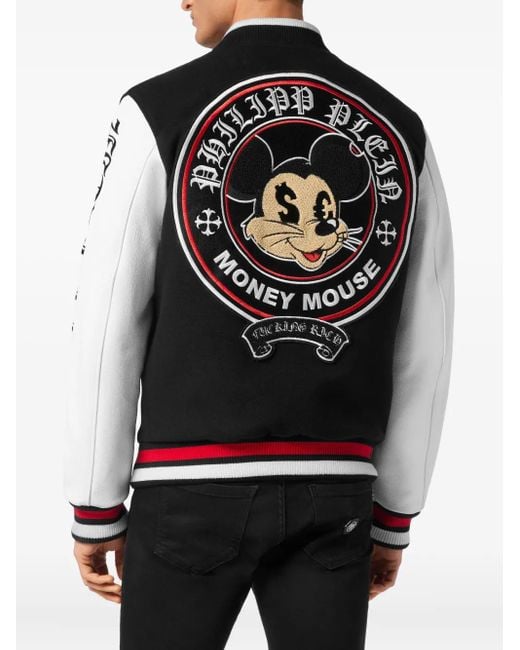 Philipp Plein Black Money Mouse-Emblem Varsity Jacket for men