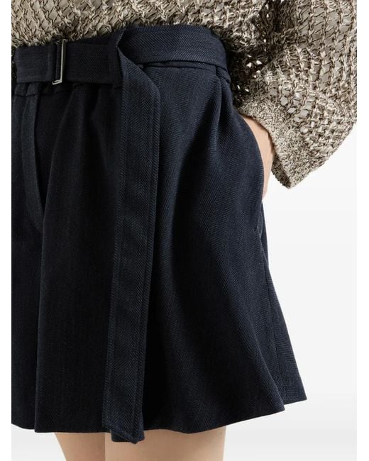 Brunello Cucinelli Blue Virgin Wool Crêpe Chevron Skirt-Pants With Monili