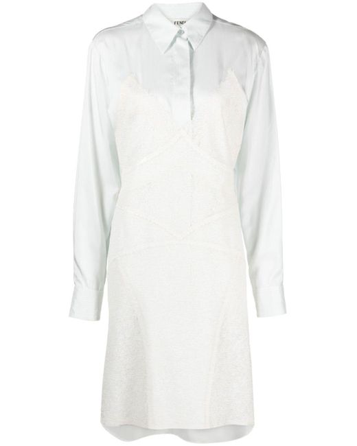 Fendi White Lace-Detail Silk Shirtdress