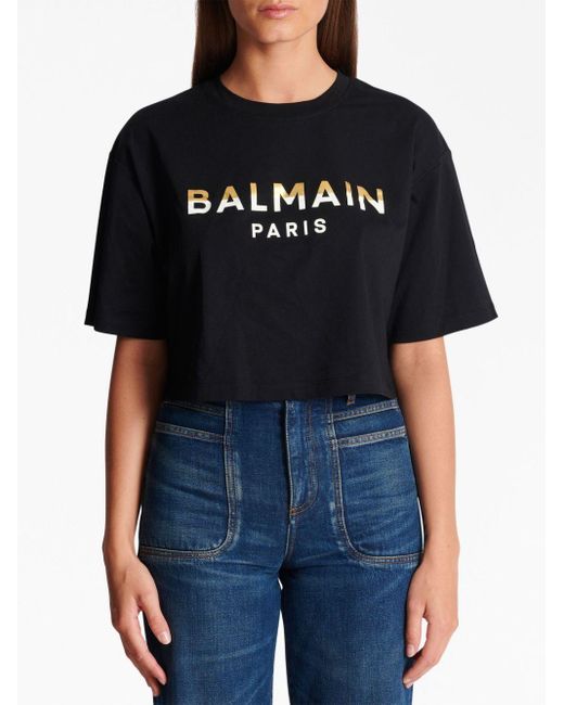 Camiseta corta con logo estampado Balmain de color Black