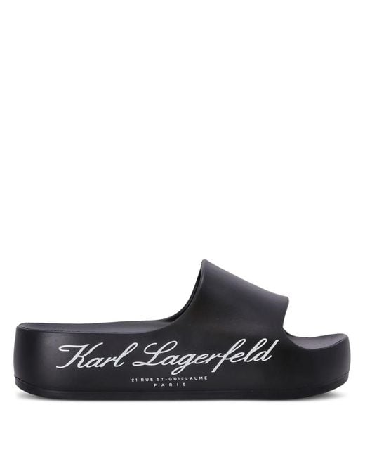 Karl Lagerfeld Black Logo-Print Flat Slides