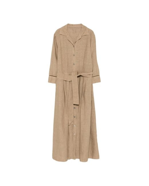 120% Lino Natural Robe Mi-Longue À Taille Ceinturée