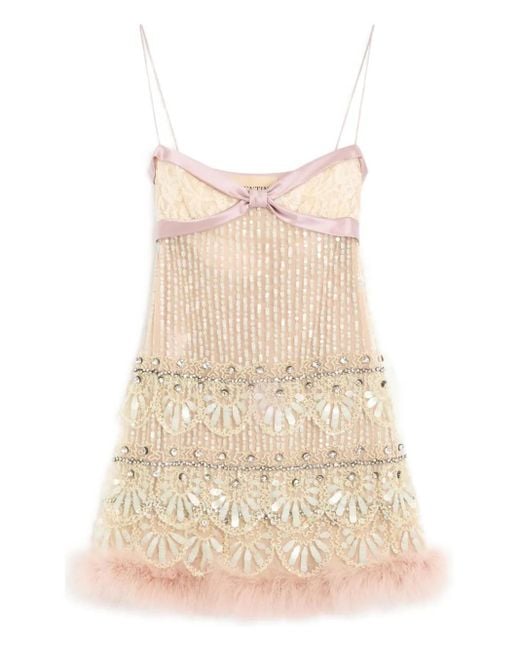 Valentino Garavani Natural Embroidered Feather-hem Mini Dress