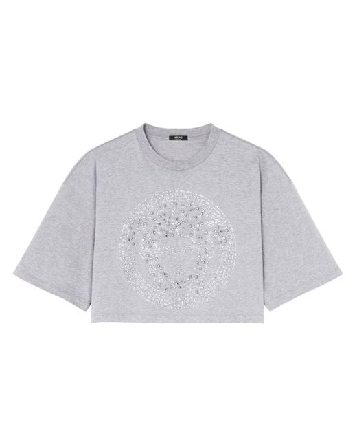 Versace Gray Medusa Crystal-embellished Cropped T-shirt