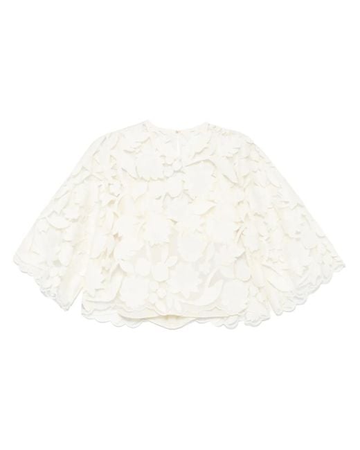 Elie Saab White Tulle-Embroidered Blouse