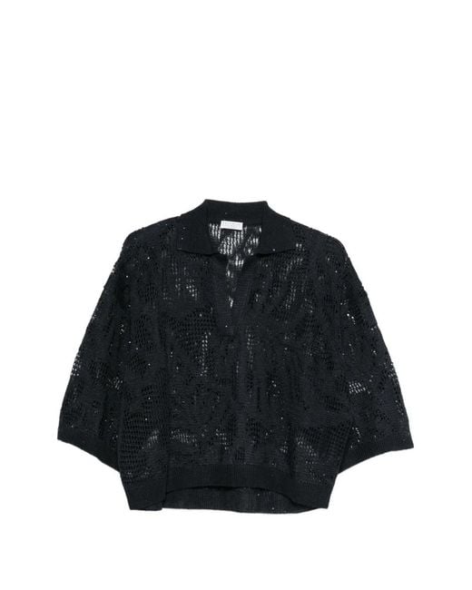 Brunello Cucinelli Black V-Neck Open-Knit Sweater