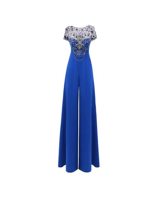 Gemy Maalouf Blue Embellished Wide-Legs Jumpsuit