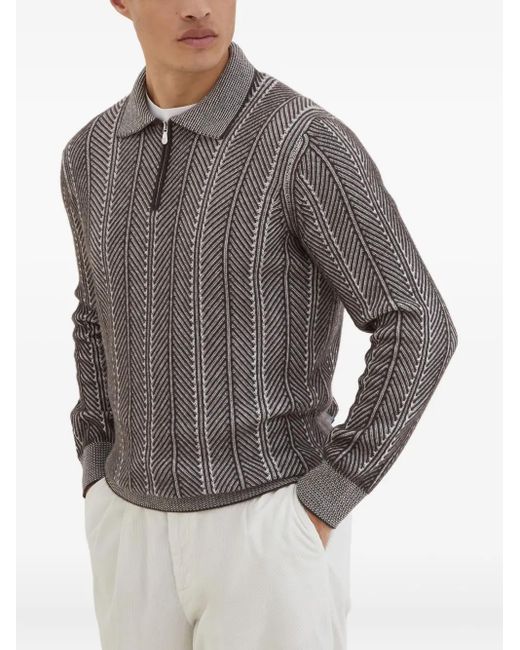 Brunello Cucinelli Gray Herringbone-Pattern Zipped Polo Shirt for men