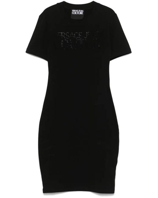 Versace Jeans Couture Black Crystal Institutional Logo Mini Dress