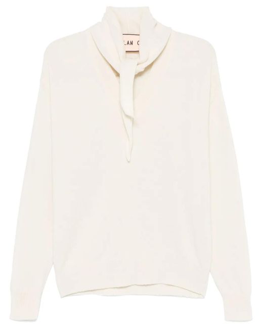 Plan C White Shawl-Embellished Sweater