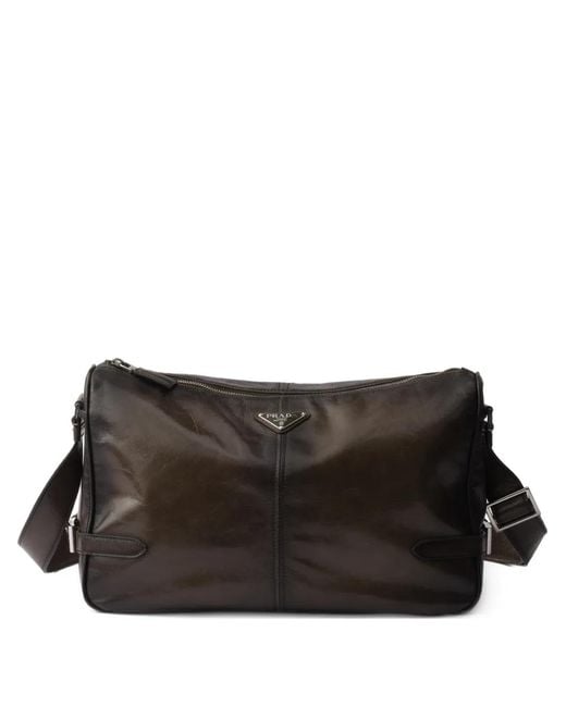 Prada Black Leather Zipper Messenger Bag for men