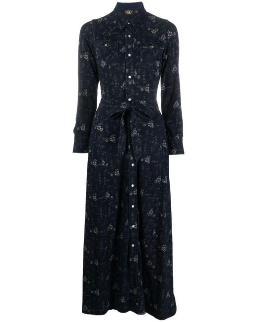 RRL Blue Floral-print Midi Shirt Dress