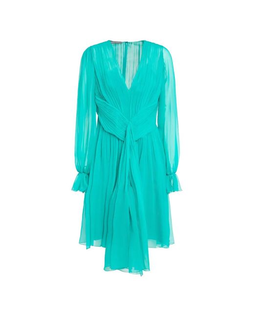 Alberta Ferretti Blue Pleated V-Neck Mini Dress