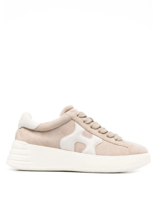 Hogan White Round Toe Lace-Up Calf Suede Sneakers With Chunky Sole