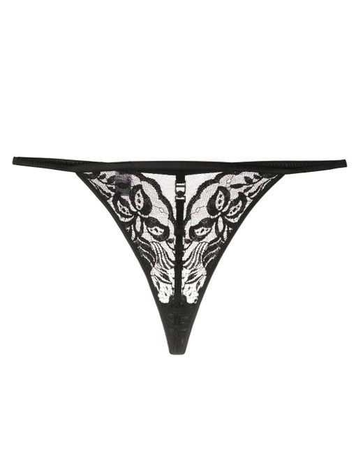 Dior Black Floral Lace Monogram Detail Thong