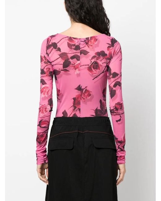 Blumarine Pink Floral-Print Long-Sleeve Bodysuit