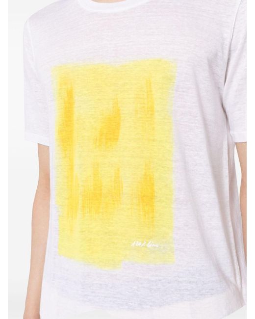 120% Lino Yellow Paint-print Linen T-shirt for men