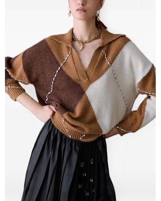 Liu Jo Brown Argyle Polo With Jewel Embroidery