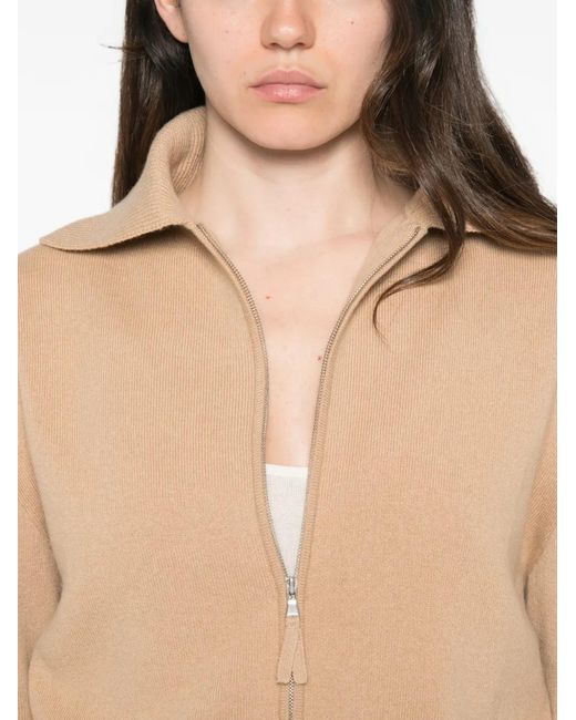 Allude Natural Zip-Up Ribbed-Trim Cardigan
