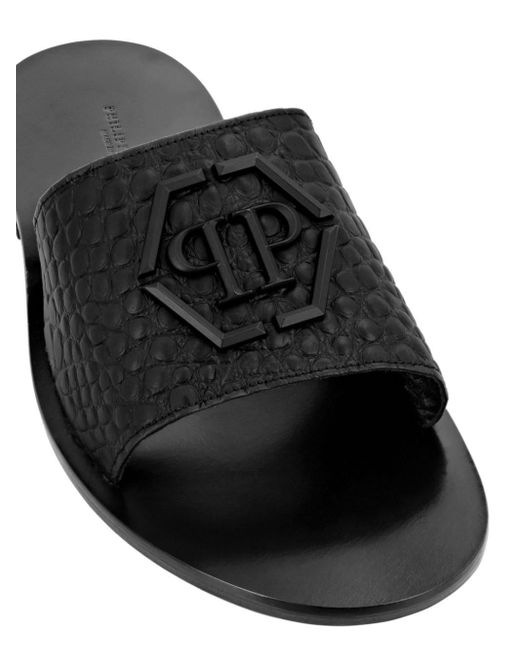 Philipp Plein Black Crocodile-embossed Leather Sandals for men