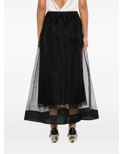 YEAREAST Black Sheer-Panel Lace-Trim Skirt