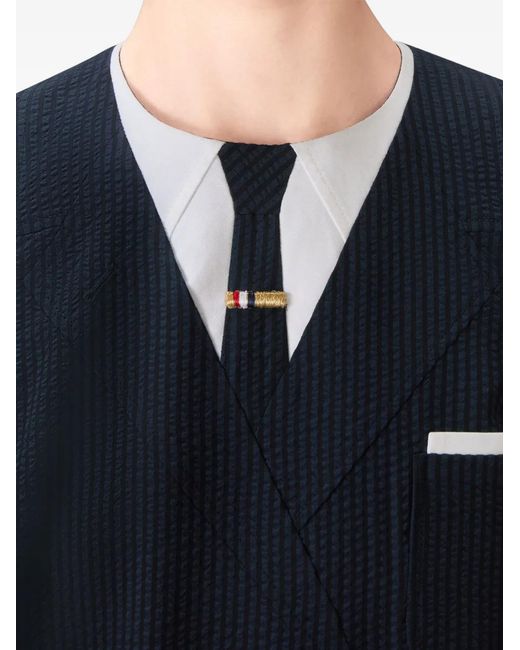 Thom Browne Blue Wool Seersucker Trompe L'Oeil Shift Mini Dress